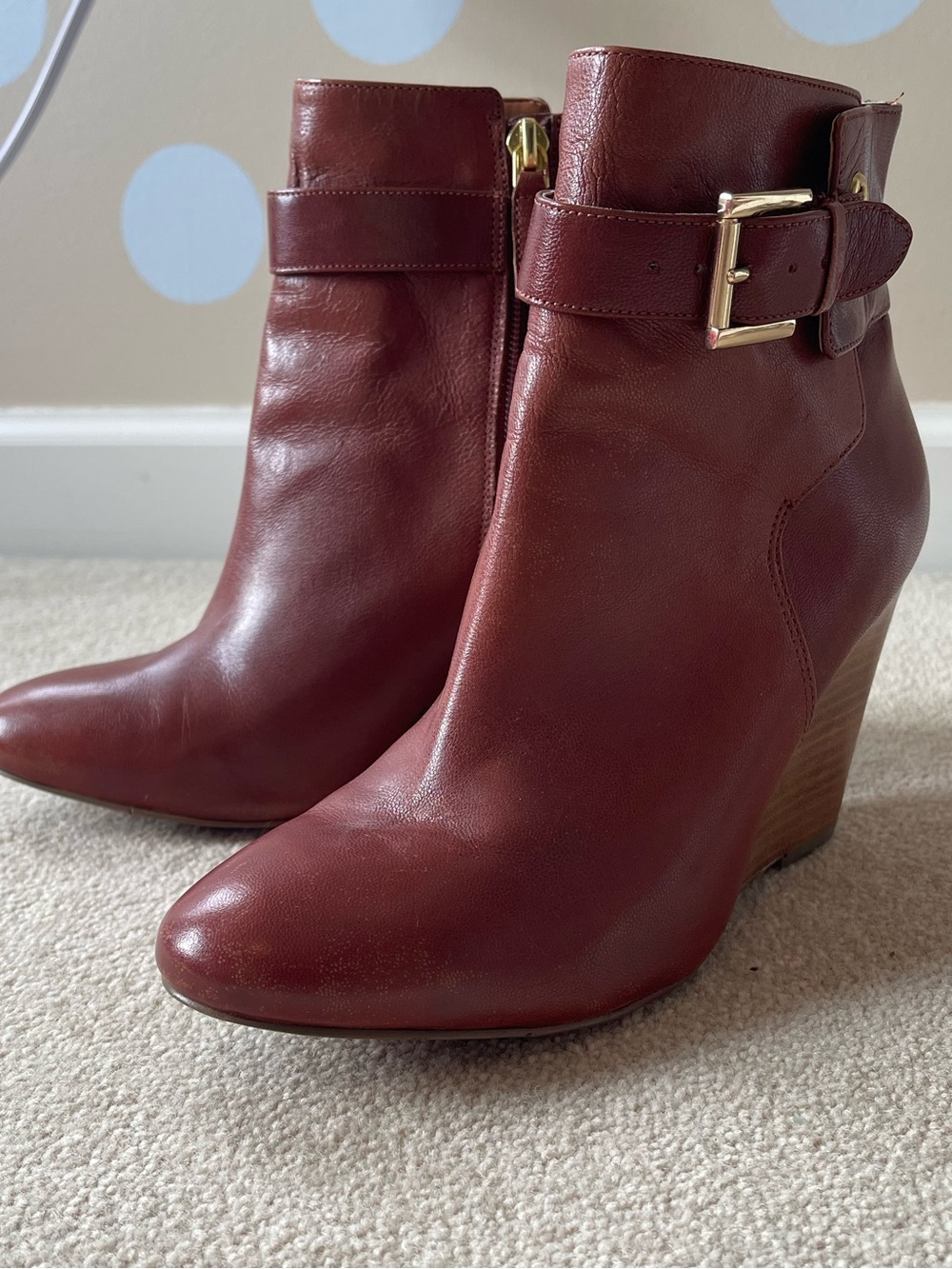 Nine West Burgundy Leather Wedge Ankle Boots with Buckle